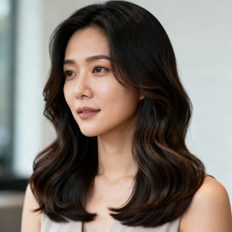 long wavy hair on wavy hair, low version.