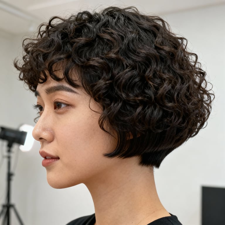 curly bowl cut on curly hair, low version.