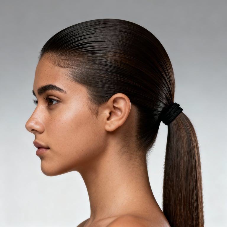 slick back ponytail on straight hair, low version.