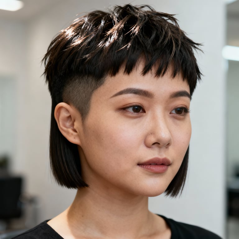 bixie haircut round face on straight hair, low version.