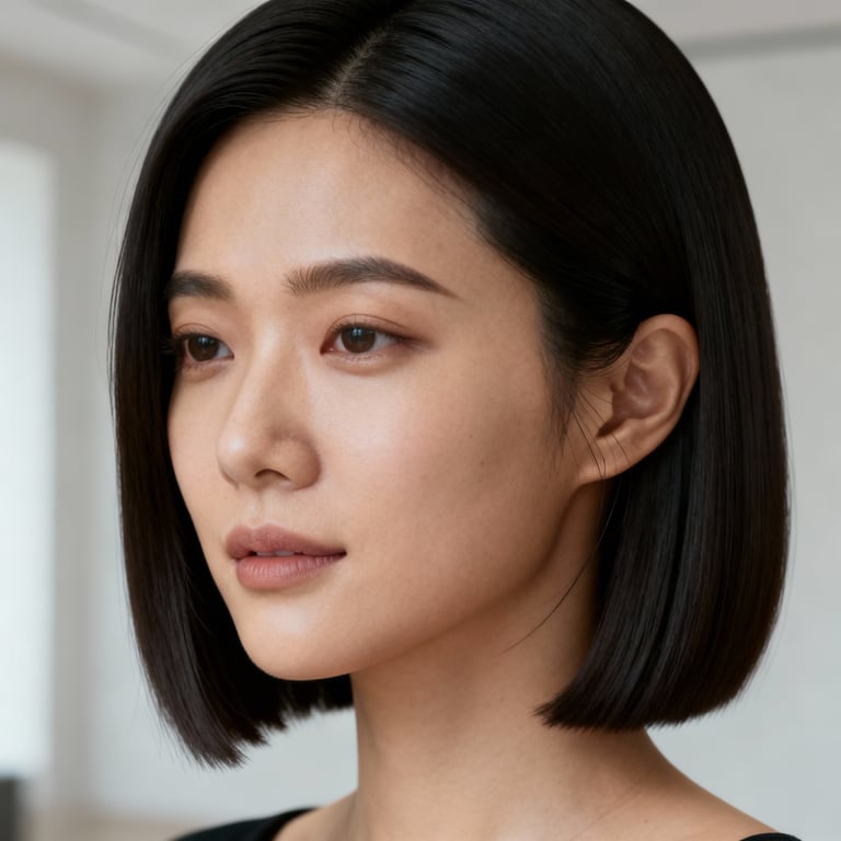 side part shoulder length blunt cut on straight hair, low version.