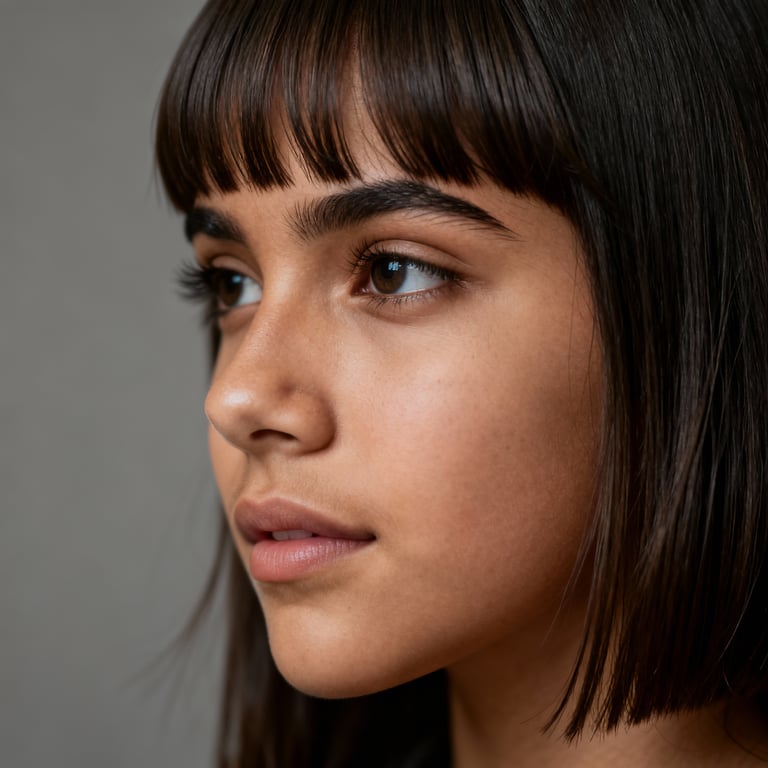 wispy bangs on straight hair, low version.