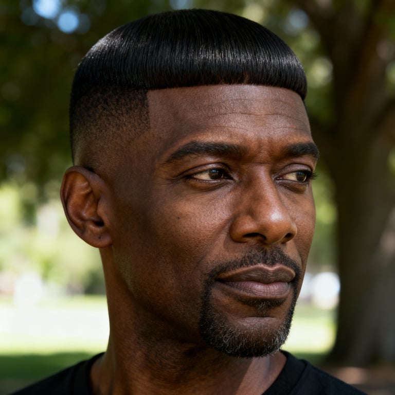 short caesar cut on straight hair, low version.