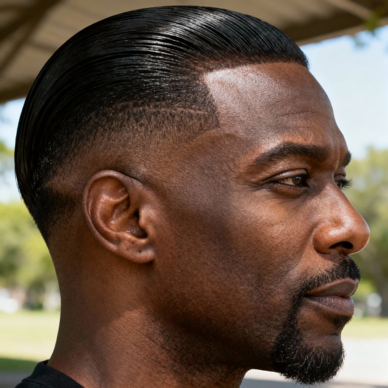 slick back haircut on straight hair, low version.
