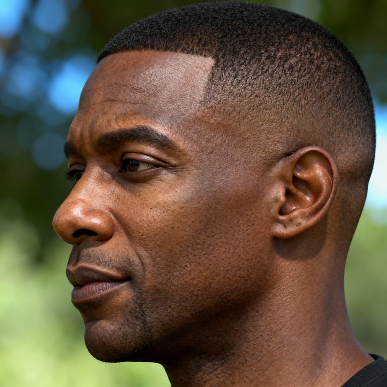 6 guard buzz cut on straight hair, low version.