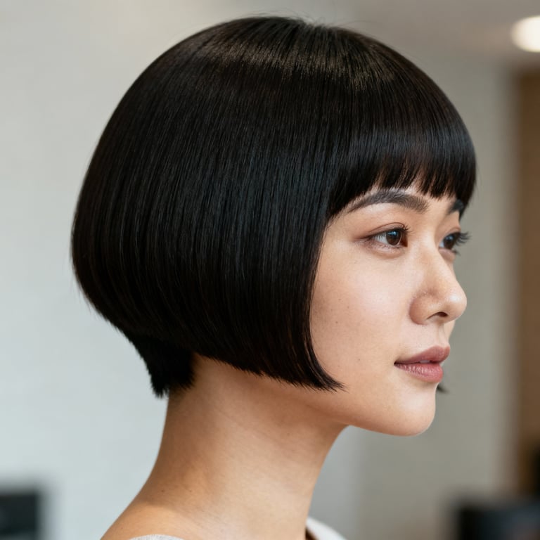 pixie pageboy haircut on straight hair, low version.