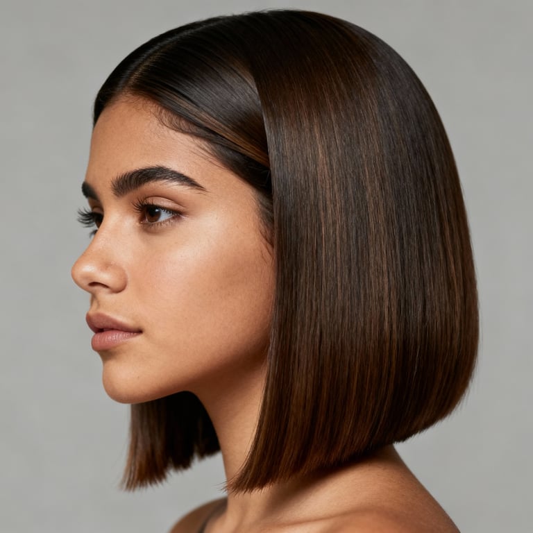 side part shoulder length blunt cut on straight hair, low version.