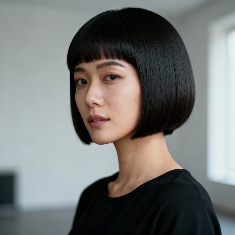 bird with bowl cut on straight hair, low version.