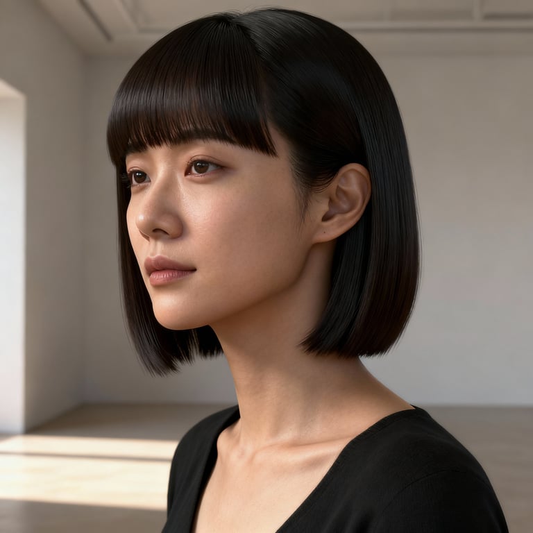 curtain bangs side part on straight hair, low version.