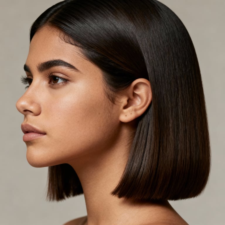 side part shoulder length blunt cut on straight hair, low version.