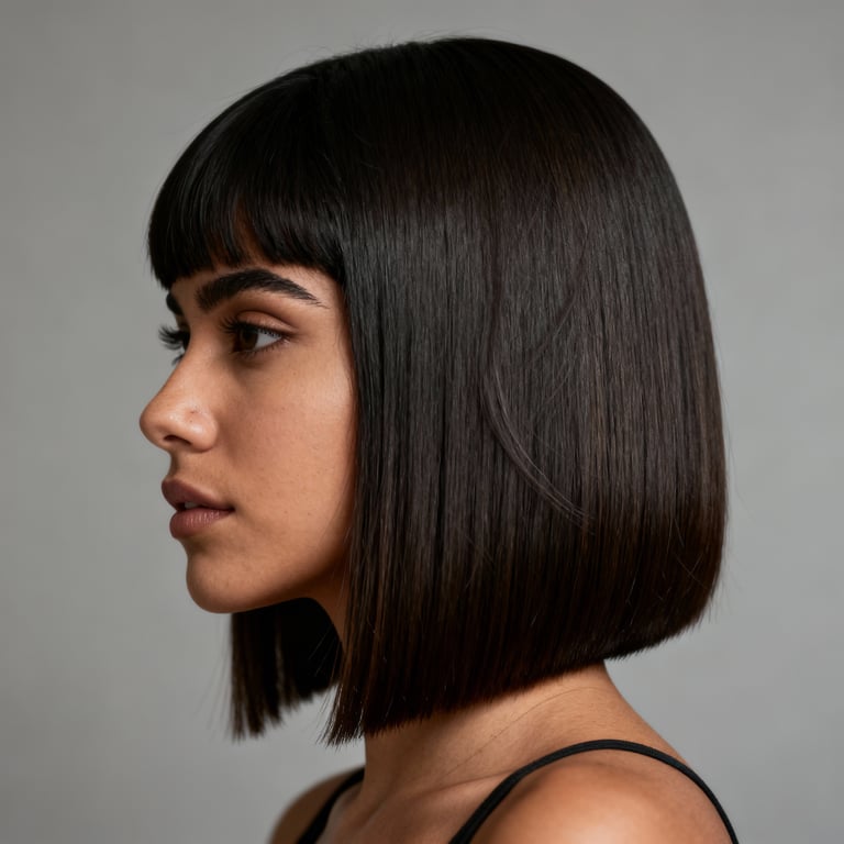 long length blunt cut on straight hair, low version.