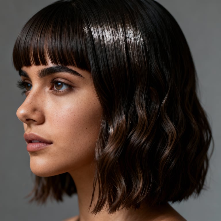 side part curtain bangs on straight hair, low version.