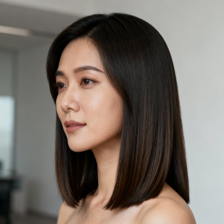 layered long bob haircut on straight hair, low version.