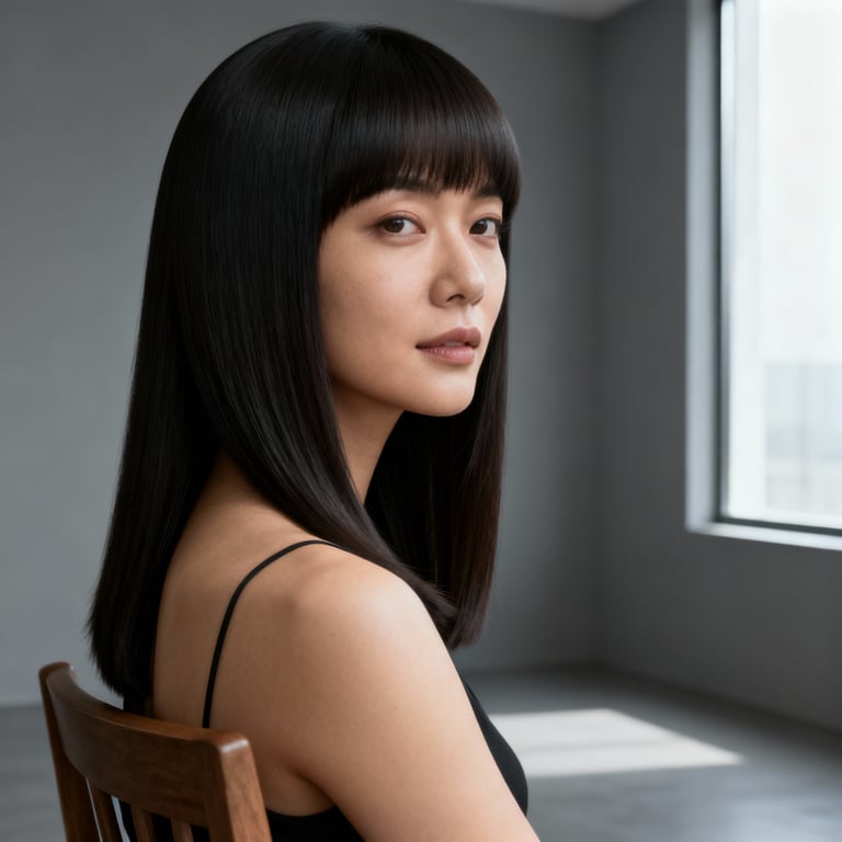 blunt cut long hair on straight hair, low version.