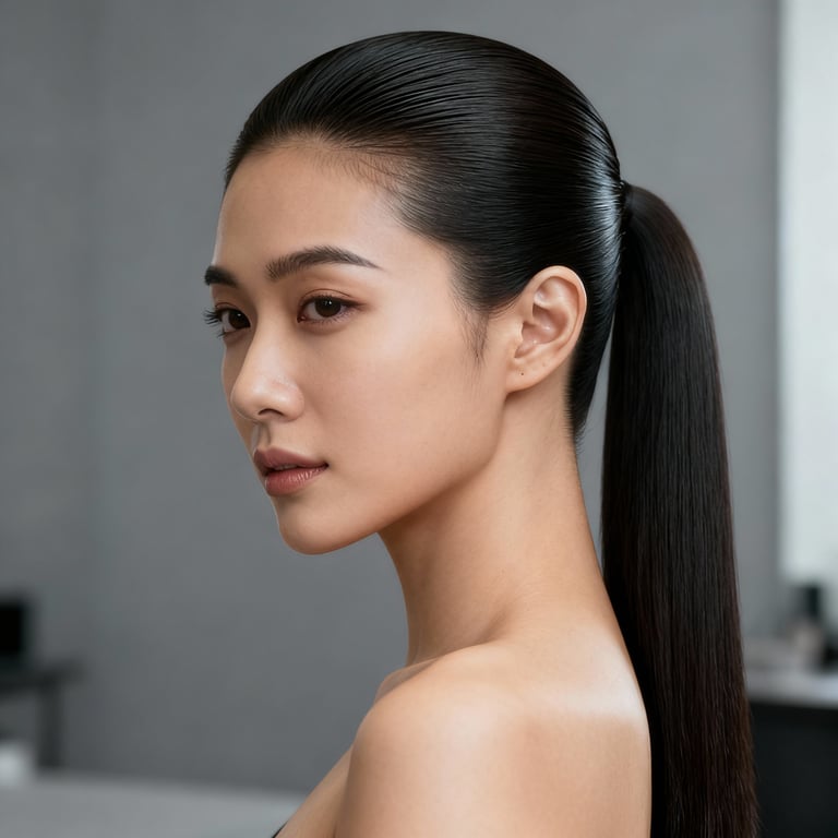 slick back ponytail on straight hair, low version.
