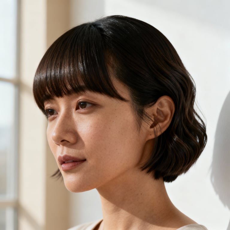 side bangs on straight hair, low version.