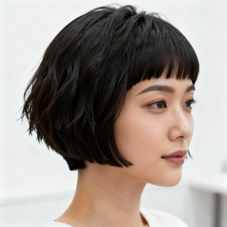 blunt cut choppy bob on straight hair, low version.