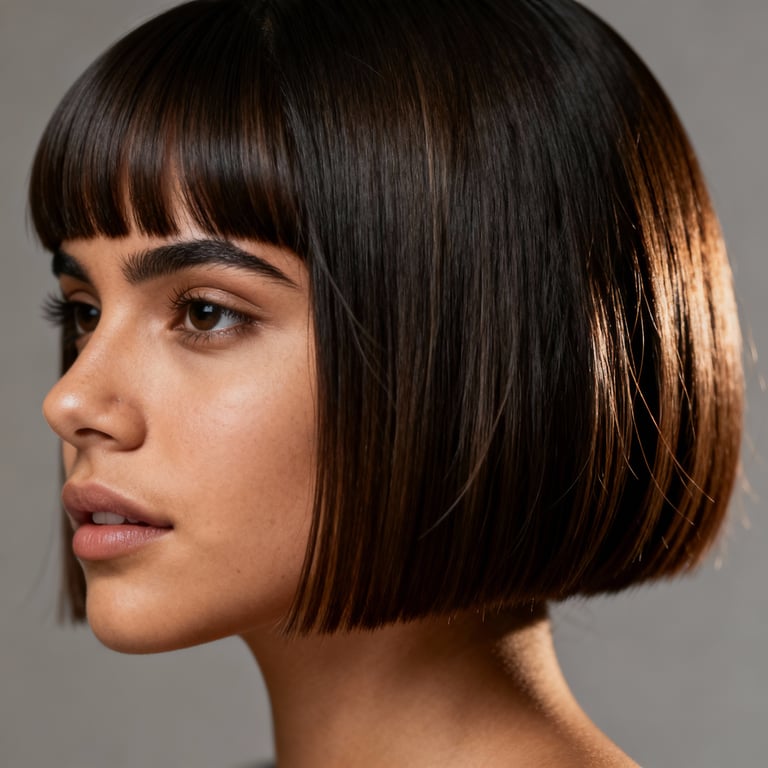 side part curtain bangs on straight hair, low version.