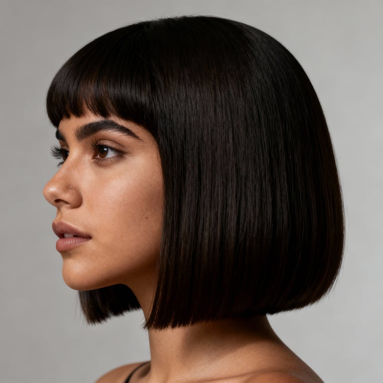 bowl hair cut on straight hair, low version.