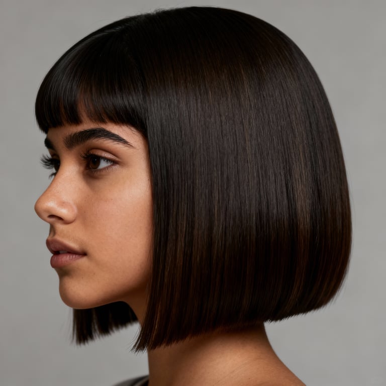 side part shoulder length blunt cut on straight hair, low version.