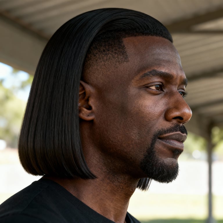 side part shoulder length blunt cut on straight hair, low version.