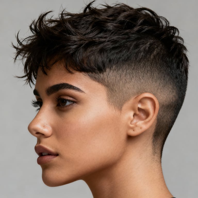 edgy messy short pixie cut on straight hair, low version.