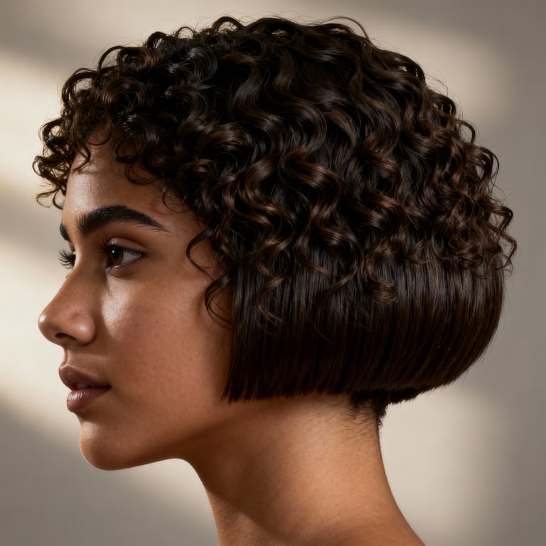 curly bowl cut on curly hair, low version.