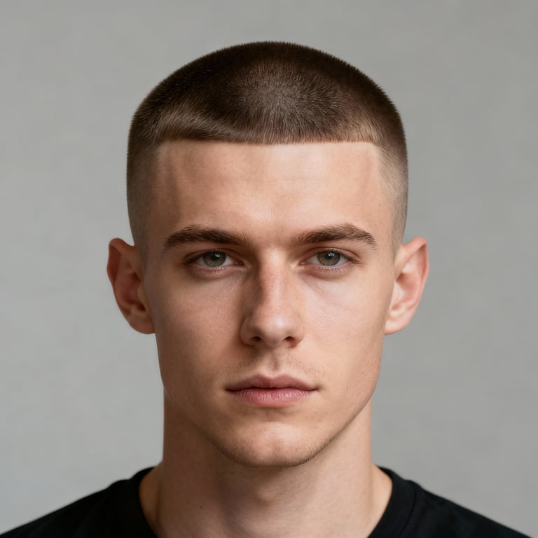 8 guard buzz cut on straight hair, low version.
