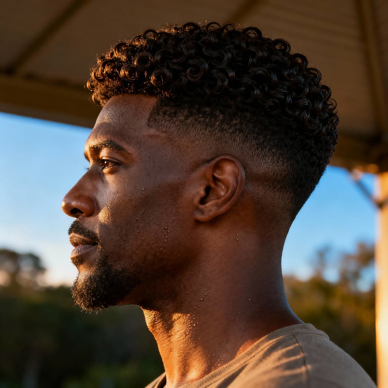 curly bowl cut on curly hair, low version.