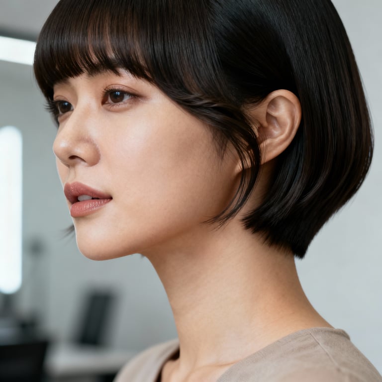 side part curtain bangs on straight hair, low version.