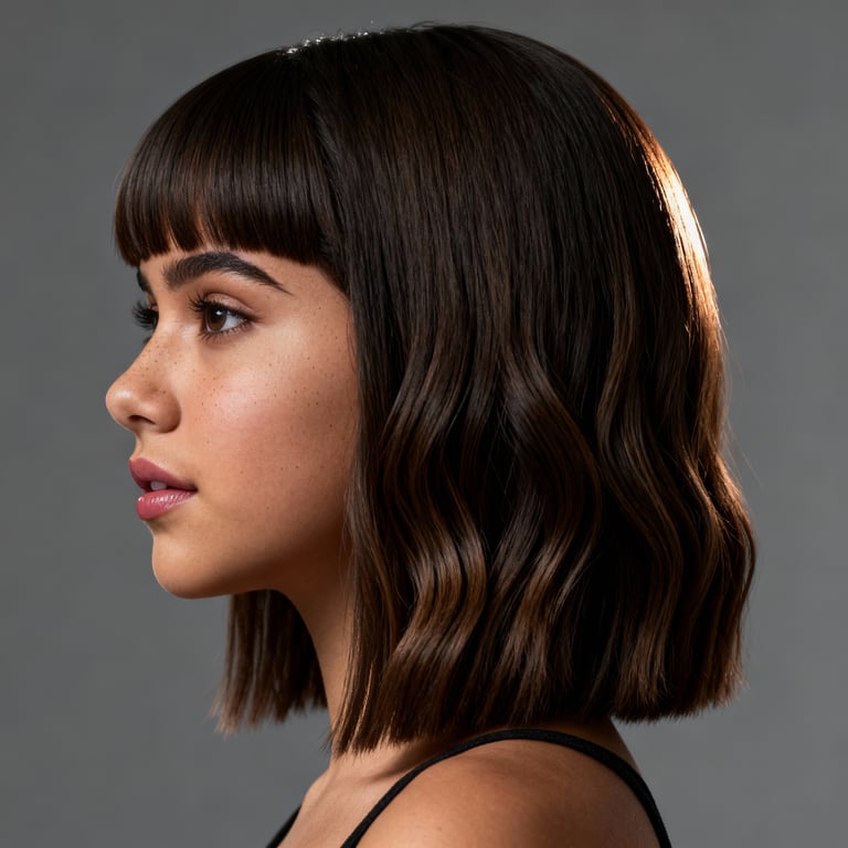 sabrina carpenter bangs on straight hair, low version.