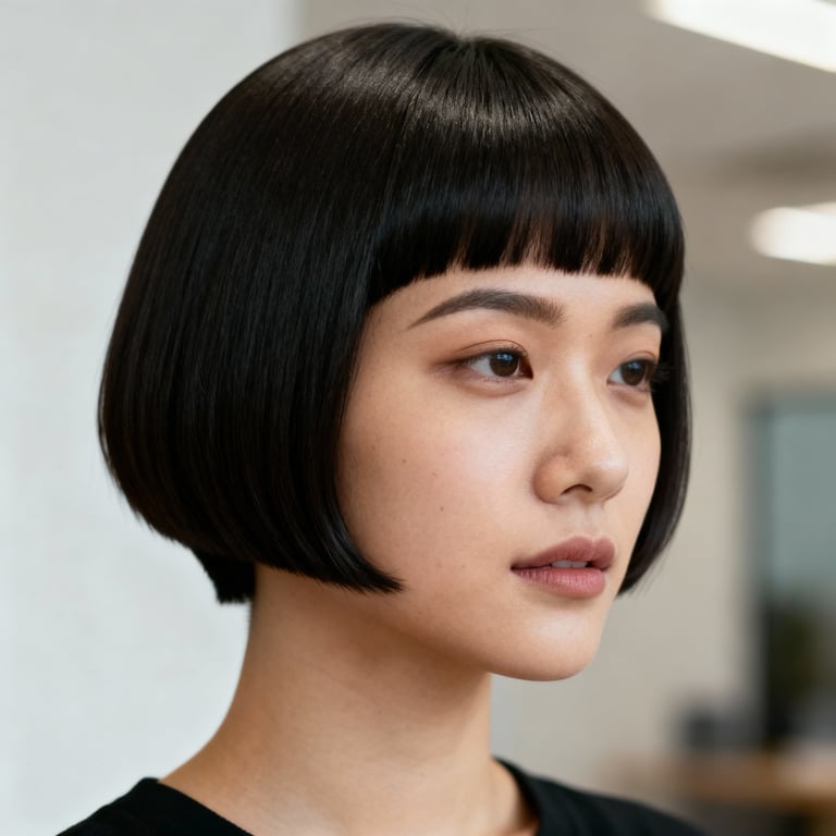 modern pageboy haircut on straight hair, low version.