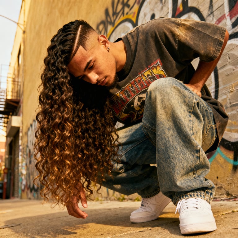 Mid Burst Fade Mullet Wavy