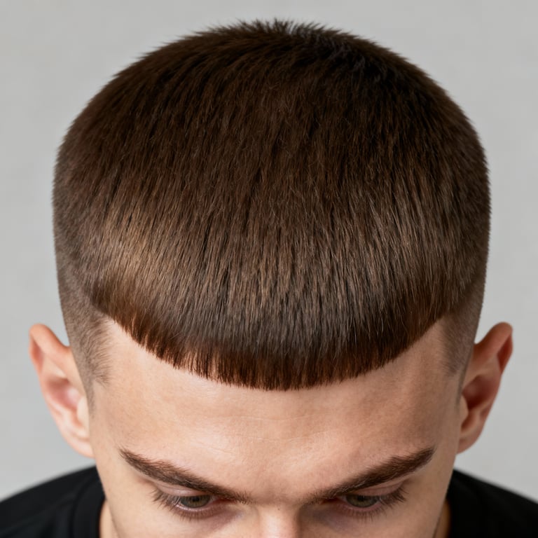 caesar cut on straight hair, low version.