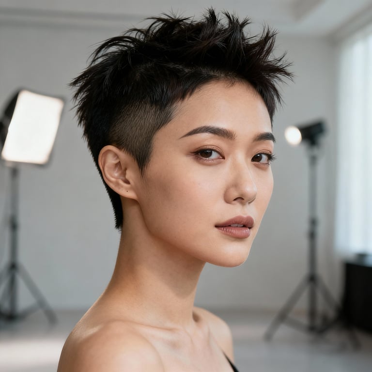 edgy messy short pixie cut on straight hair, low version.