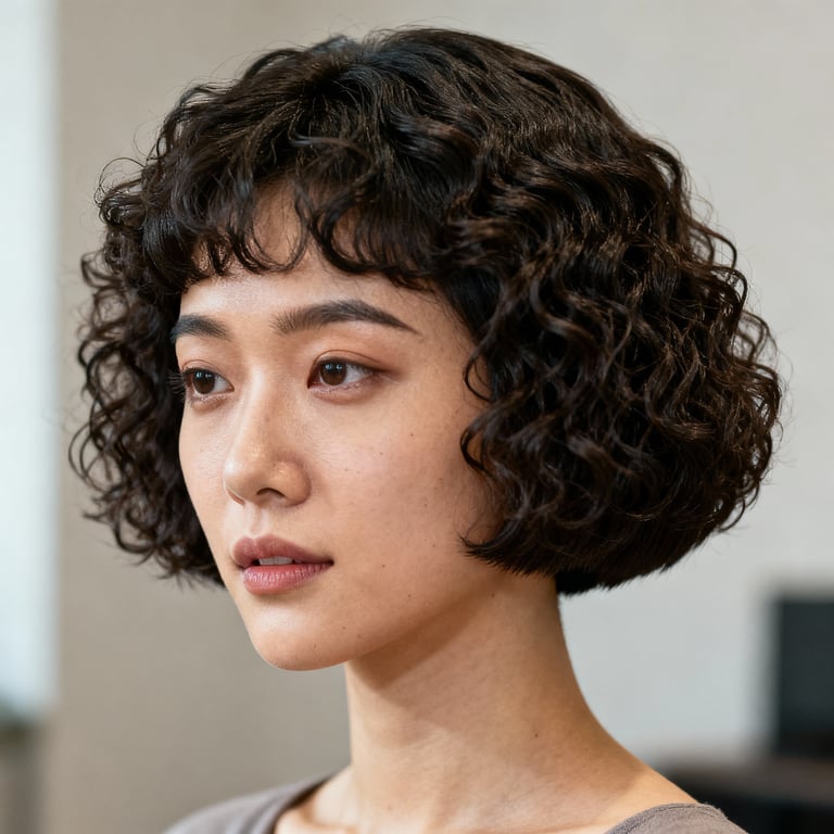 curly bowl cut on curly hair, low version.