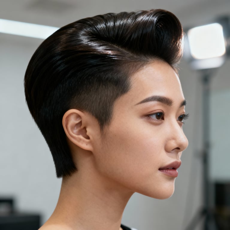 pompadour haircut on straight hair, low version.