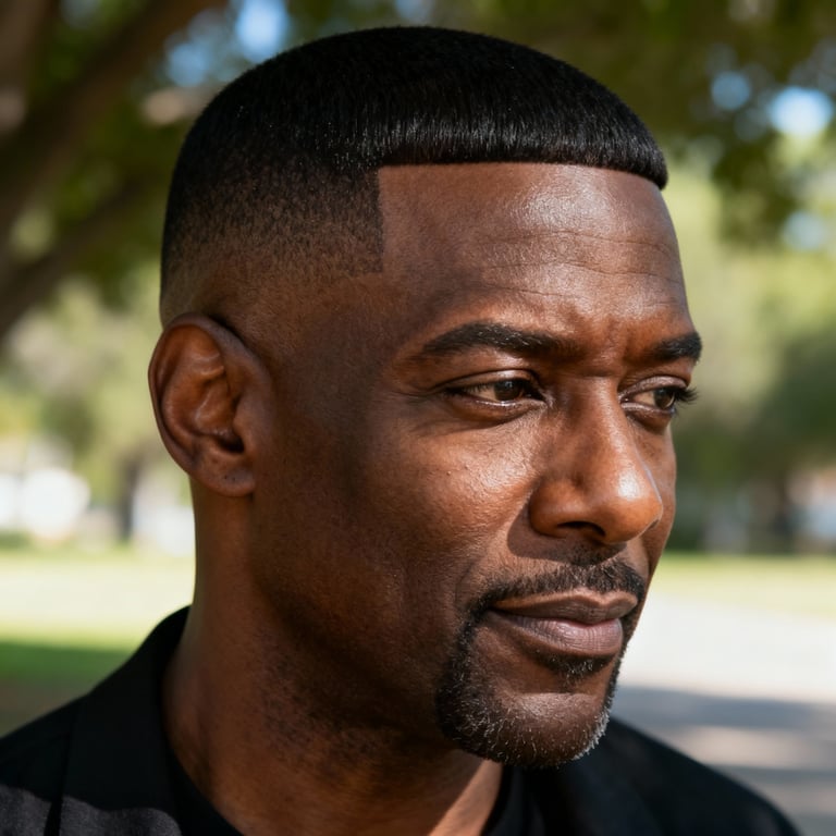 caesar cut hair on straight hair, low version.