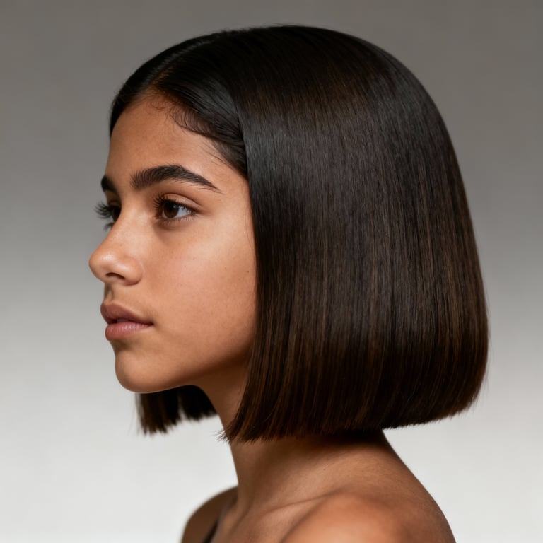 shoulder length blunt cut on straight hair, low version.
