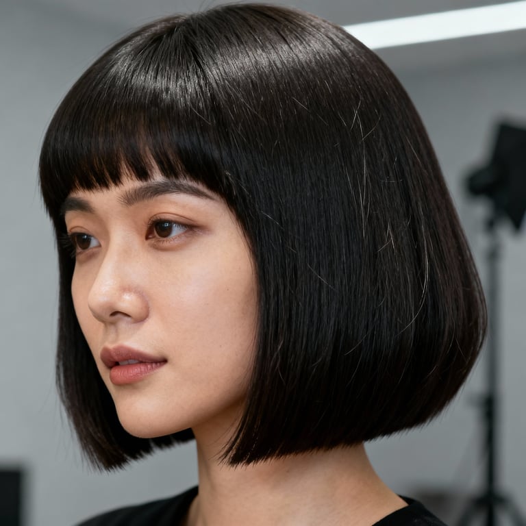 pageboy haircut girl on straight hair, low version.