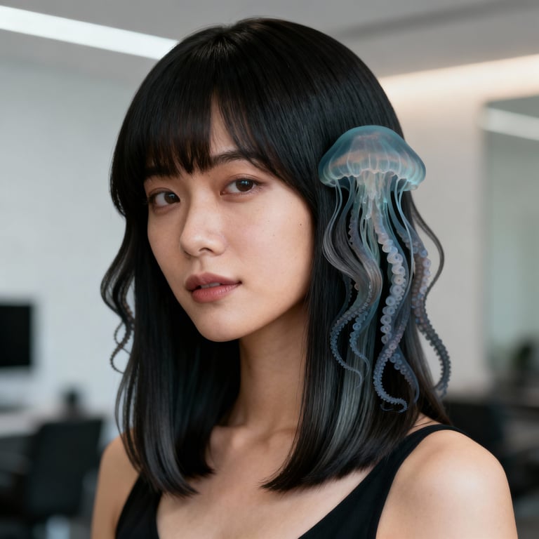 layered octopus jellyfish haircut on straight hair, low version.