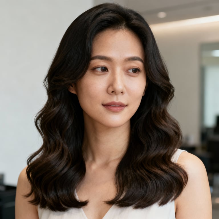 long wavy hair on wavy hair, low version.