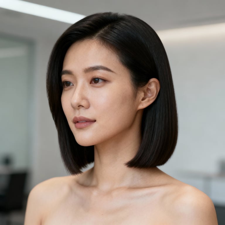 side part shoulder length blunt cut on straight hair, low version.