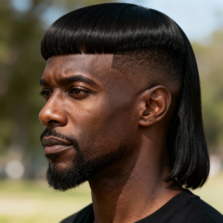 bowl cut mullet on straight hair, low version.