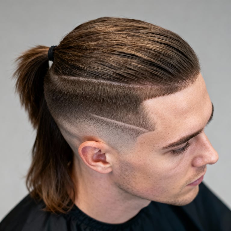 modern mullet fade on straight hair, low version.