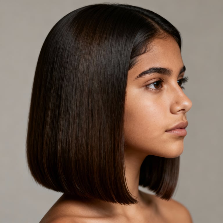 side part shoulder length blunt cut on straight hair, low version.