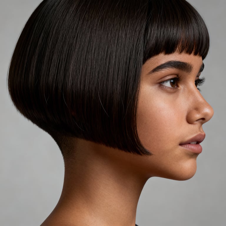 modern pageboy haircut on straight hair, low version.