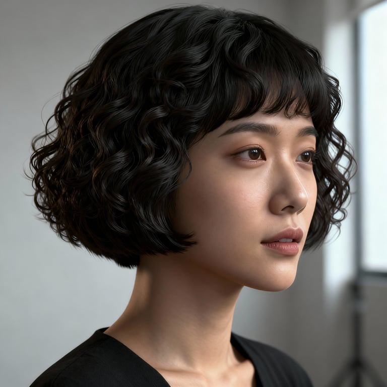 curly bowl cut on curly hair, low version.