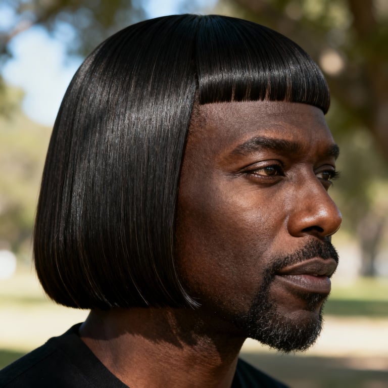 side part shoulder length blunt cut on straight hair, low version.