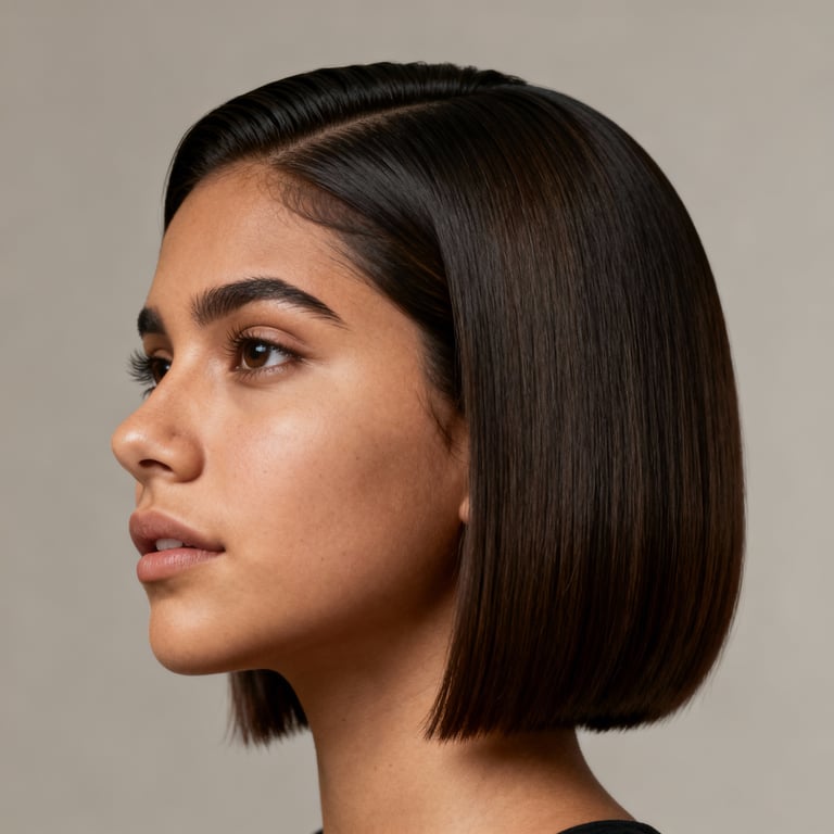 side part haircut on straight hair, low version.